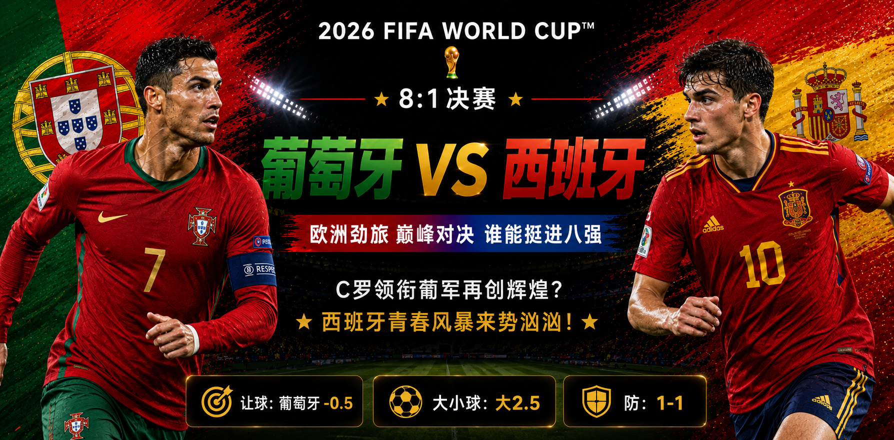 美加墨世界杯决赛前瞻：葡萄牙 vs 西班牙，伊比利亚半岛德比，淘汰赛上演极致相爱相杀