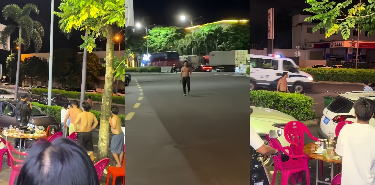 海口龙华区南海大道惊险一幕 男子酒后持刀追车多次试图砍向车辆 警察掏枪控制！