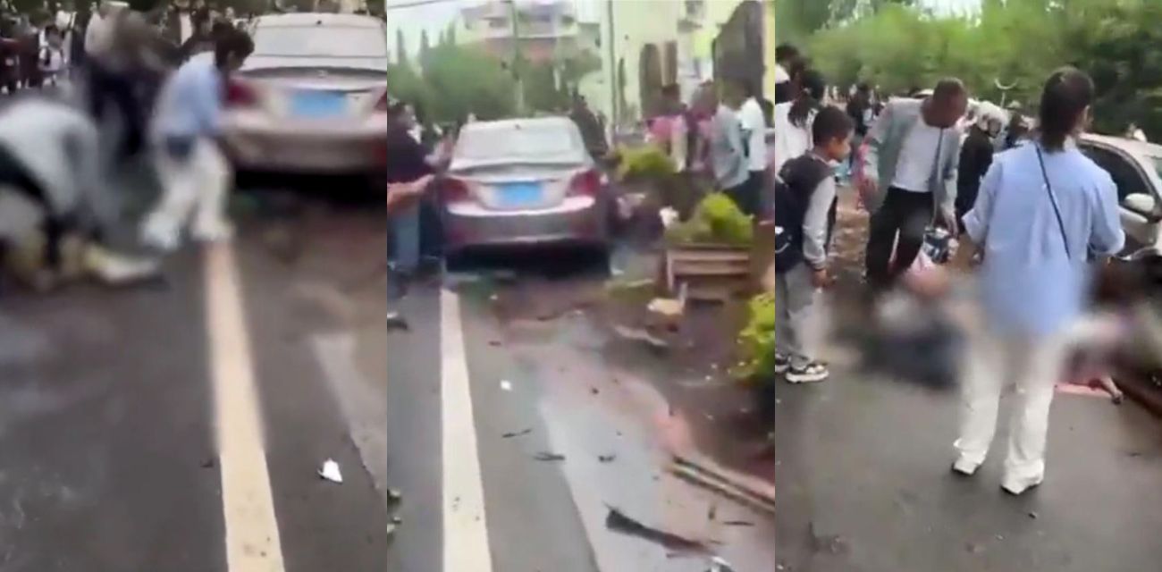 浙江金华苏孟小学门口惊魂 轿车冲撞多人血流遍地 众人抬车救人 画面惊心动魄！