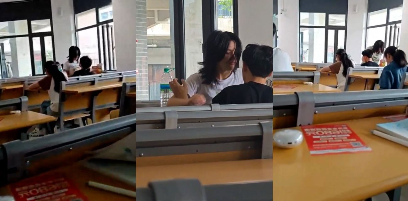 大学教室秒变偶像剧 学生情侣在课间休息时间在教室旁如无人调情亲热 现在的年轻人简直太会玩了！