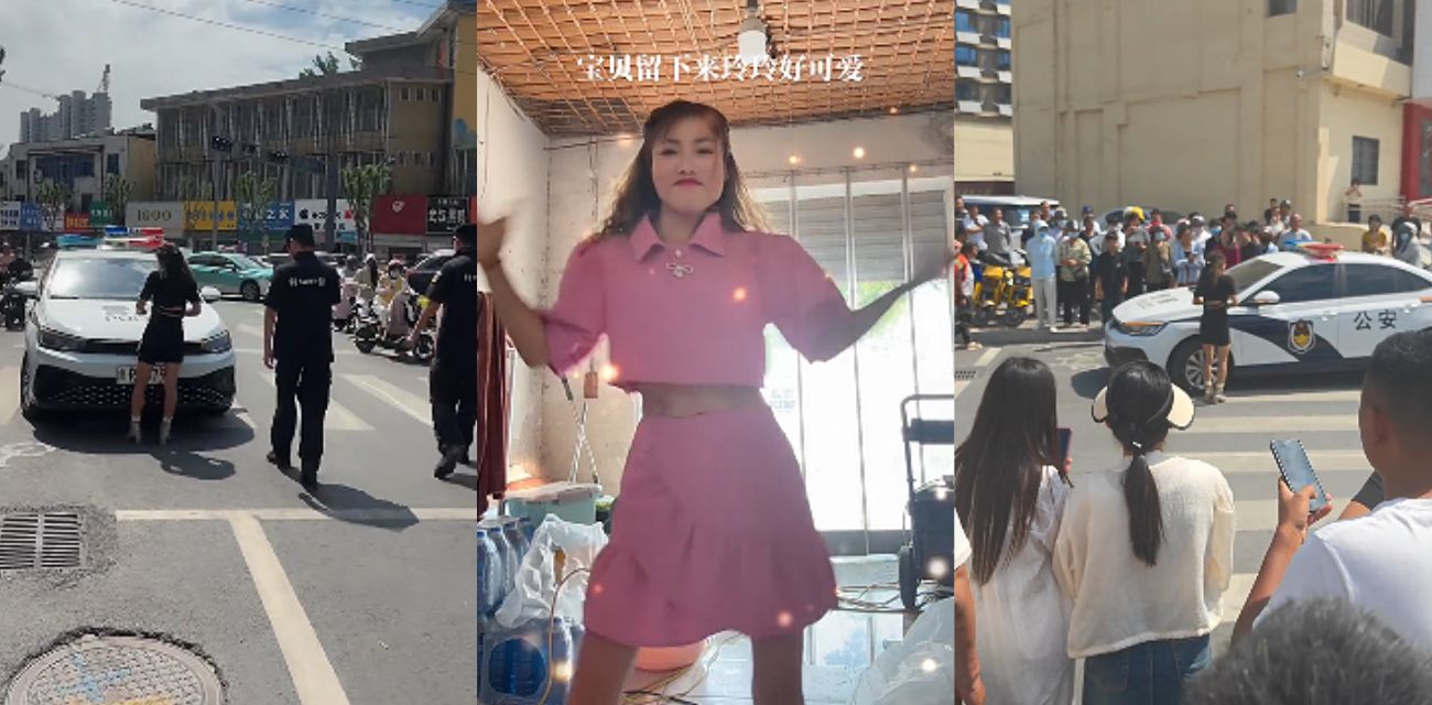 山东菏泽东明县五四路 抖音网红 玲玲宝贝因违停被贴罚单后情绪激动 爬上警车引擎盖高声吼叫，最终被强制带离现场