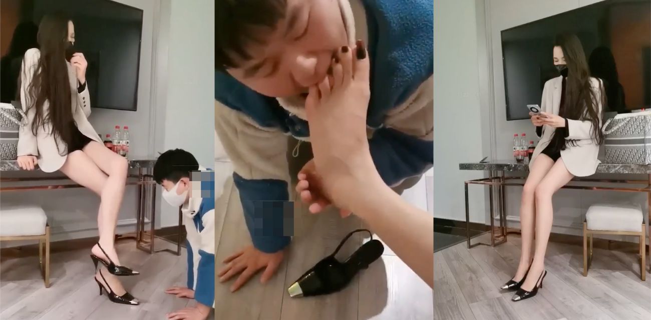 绝美女老板惩罚男下属视频流出，扇脸语言调教，玉足插喉