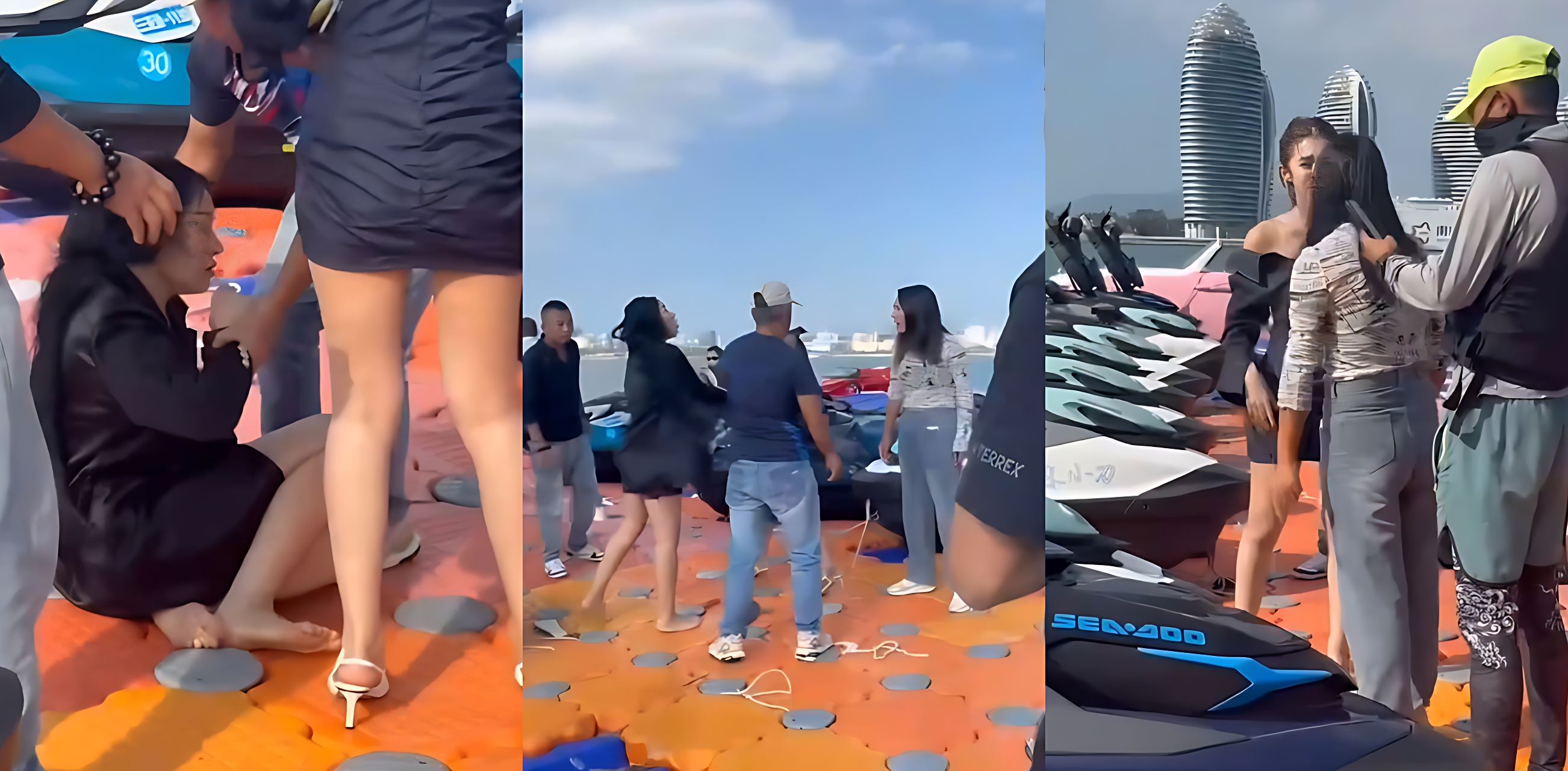 海南三亚钟情会所三女海边互撕 从甲板打到摩托艇 包臀裙掀飞仍死磕！